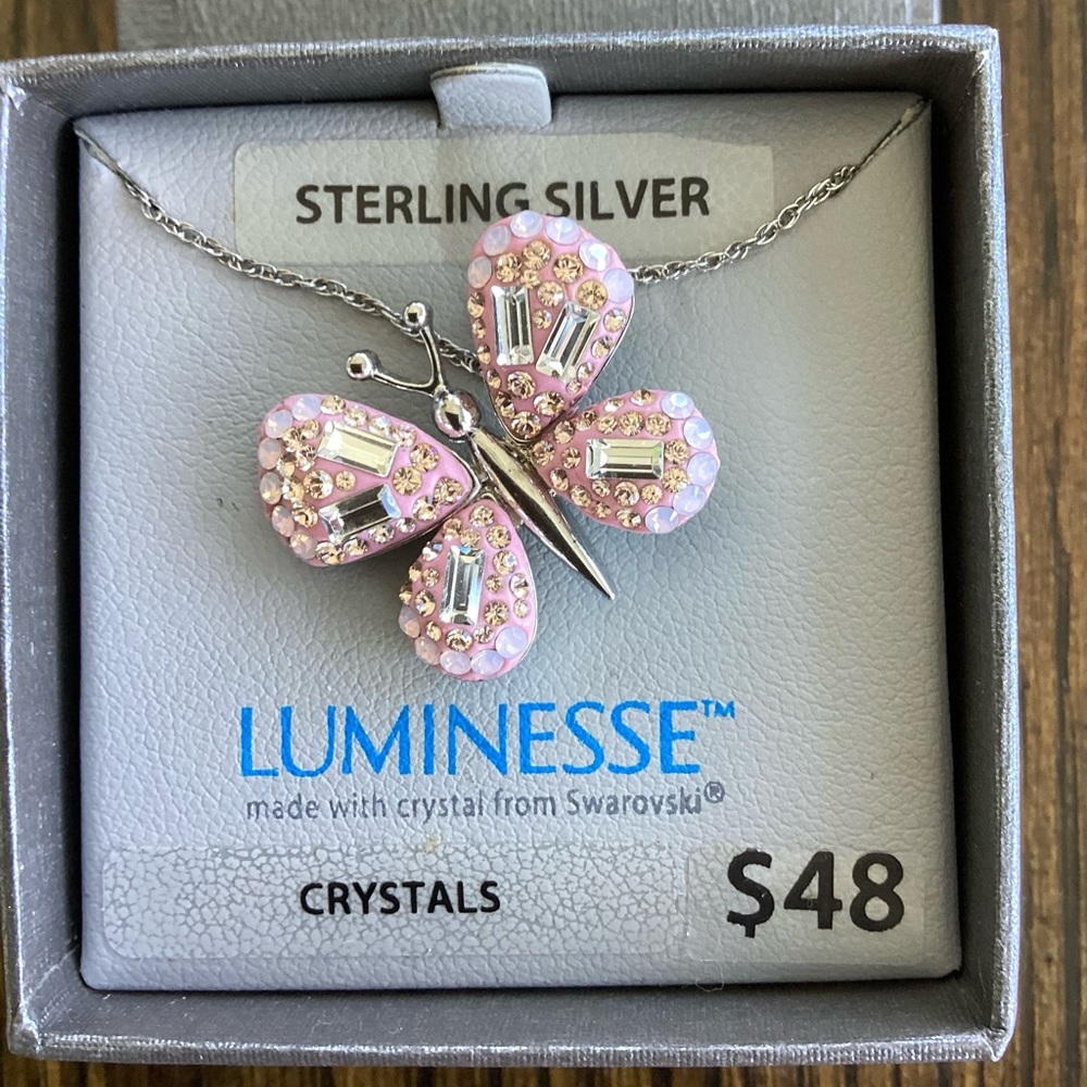 Luminescent Sterling Silver Pink Butterfly with crystal from Swarovski.  NEW